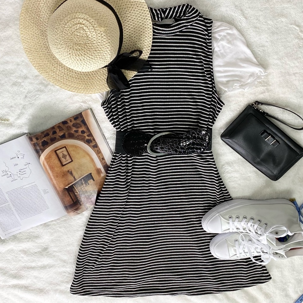 Black and White Stripped Mock Neck Dress